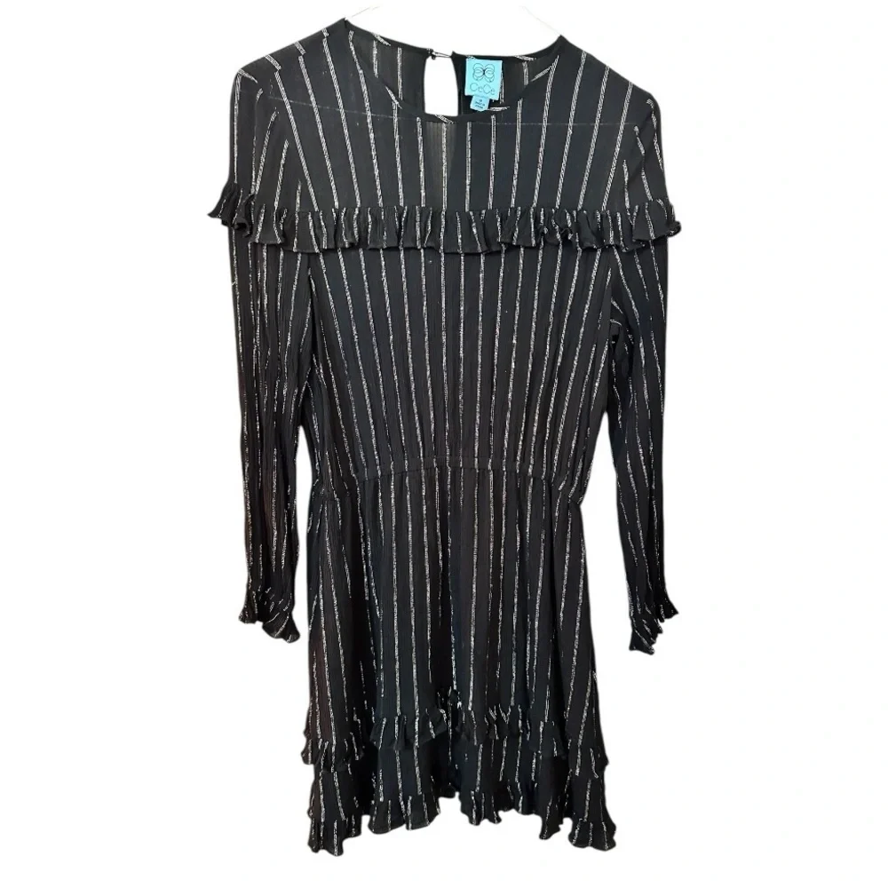 CeCe Womens Black Glitter Pinstripe Long Sleeve Short Shift Party Dress Size M